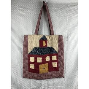 Handmade Quilted Tote Bag Red‎ Schoolhouse Patchwork Design